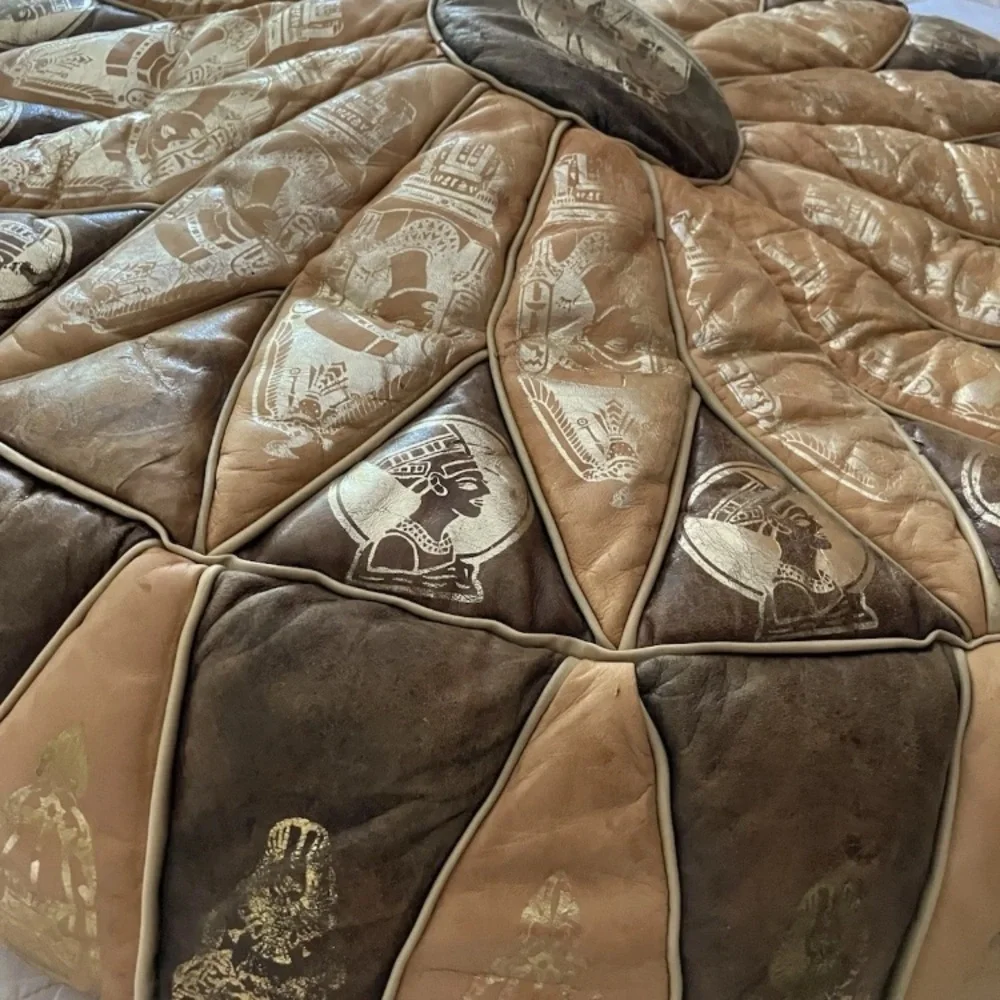 Leather pouf vintage true pouf 1920’s coarse filling Egyptian motif green gold